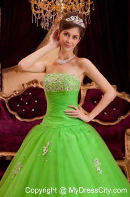 Tulle A-line Princess Appliques Spring Green Quinceanera Gowns