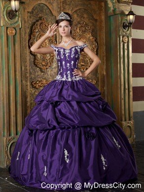 Elegant Off The Shoulder Taffeta Appliques Purple Quinceanera Dresses