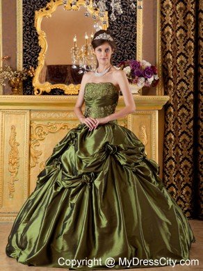 Strapless Taffeta Pick Ups Hand Flowers Olive Green Quinceanera Dress