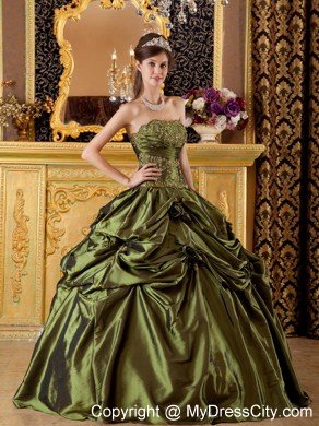 Strapless Taffeta Pick Ups Hand Flowers Olive Green Quinceanera Dress