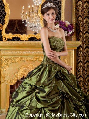 Strapless Taffeta Pick Ups Hand Flowers Olive Green Quinceanera Dress