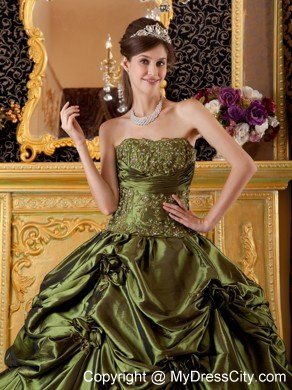 Strapless Taffeta Pick Ups Hand Flowers Olive Green Quinceanera Dress