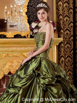 Strapless Taffeta Pick Ups Hand Flowers Olive Green Quinceanera Dress