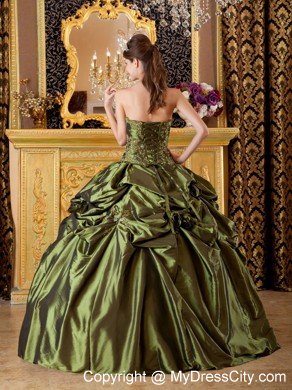 Strapless Taffeta Pick Ups Hand Flowers Olive Green Quinceanera Dress