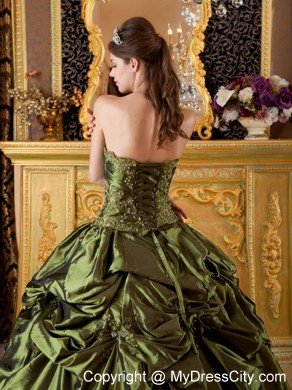 Strapless Taffeta Pick Ups Hand Flowers Olive Green Quinceanera Dress