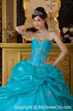 Sweetheart Organza Beading and Appliques Teal Quinceanera Dress