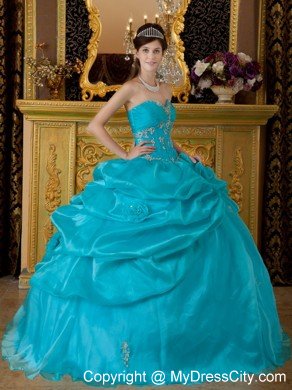 Sweetheart Organza Beading and Appliques Teal Quinceanera Dress