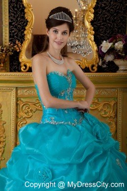 Sweetheart Organza Beading and Appliques Teal Quinceanera Dress