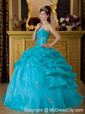 Sweetheart Organza Beading and Appliques Teal Quinceanera Dress