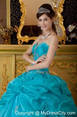 Sweetheart Organza Beading and Appliques Teal Quinceanera Dress