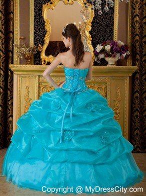 Sweetheart Organza Beading and Appliques Teal Quinceanera Dress