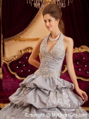 Grey Halter Taffeta Appliques Tiered Quinceanera Dress 2013