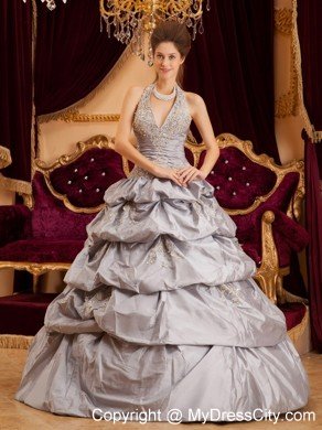 Grey Halter Taffeta Appliques Tiered Quinceanera Dress 2013