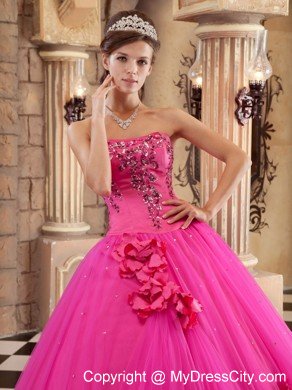 Strapless Satin and Tulle Flowers Hot Pink Dress for Sweet 15