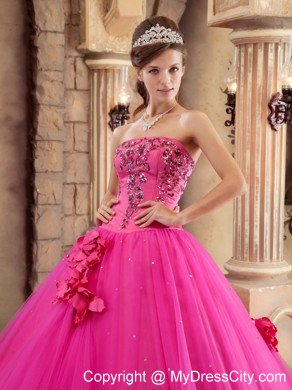 Strapless Satin and Tulle Flowers Hot Pink Dress for Sweet 15