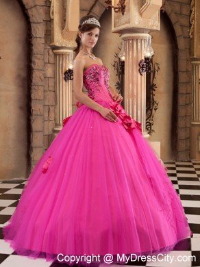 Strapless Satin and Tulle Flowers Hot Pink Dress for Sweet 15