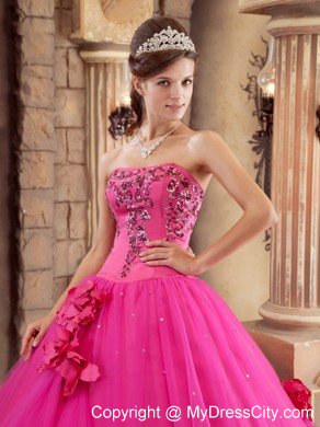 Strapless Satin and Tulle Flowers Hot Pink Dress for Sweet 15