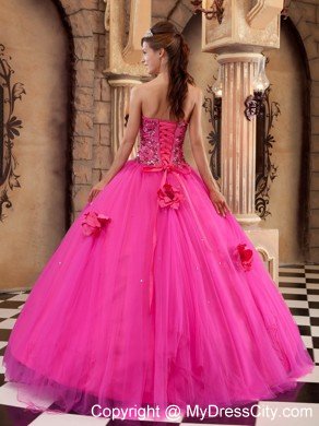 Strapless Satin and Tulle Flowers Hot Pink Dress for Sweet 15