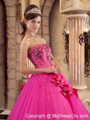 Strapless Satin and Tulle Flowers Hot Pink Dress for Sweet 15