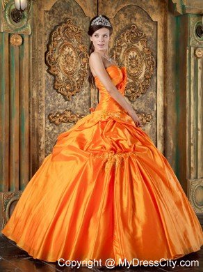 Sweetheart Ruched Taffeta Appliques Orange Quinceanera Dress