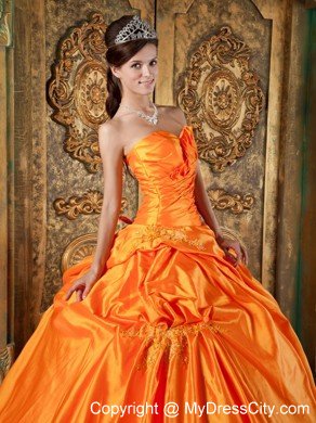 Sweetheart Ruched Taffeta Appliques Orange Quinceanera Dress