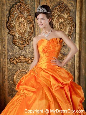 Sweetheart Ruched Taffeta Appliques Orange Quinceanera Dress