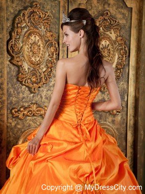 Sweetheart Ruched Taffeta Appliques Orange Quinceanera Dress