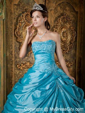 Latest Puffy Taffeta Appliques Pick Ups Teal Quinceanera Dress