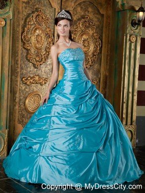 Latest Puffy Taffeta Appliques Pick Ups Teal Quinceanera Dress