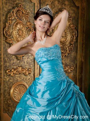 Latest Puffy Taffeta Appliques Pick Ups Teal Quinceanera Dress