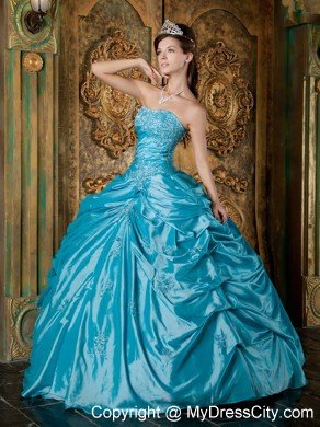 Latest Puffy Taffeta Appliques Pick Ups Teal Quinceanera Dress