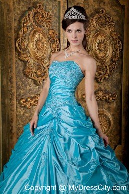 Latest Puffy Taffeta Appliques Pick Ups Teal Quinceanera Dress