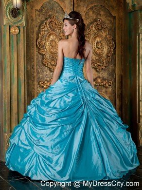 Latest Puffy Taffeta Appliques Pick Ups Teal Quinceanera Dress