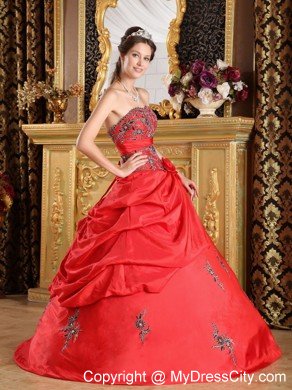 Taffeta Pick Ups Appliques 2013 Red Quinceanera Party Dress