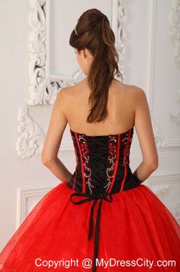 Red Strapless Beading Long Quinceanera Dress with Black Appliques