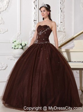 Sweetheart Tulle Beading Brown Sweet 15 16 Birthday Dress