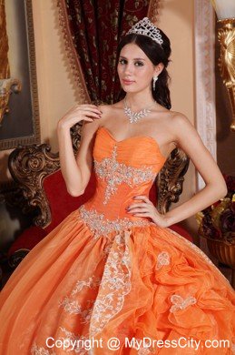 Organza Sweetheart Appliques Orange Ruffles Quinceanera Dress