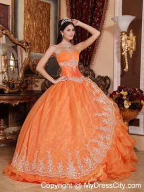 Organza Sweetheart Appliques Orange Ruffles Quinceanera Dress