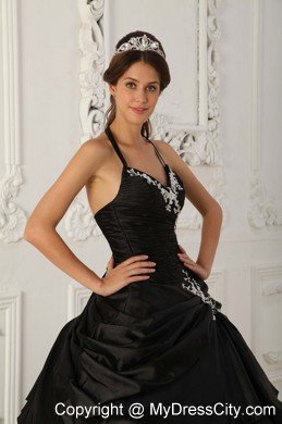 Halter Taffeta Appliques Pick Ups 2013 Black Quinceanera Gowns