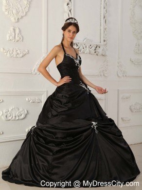 Halter Taffeta Appliques Pick Ups 2013 Black Quinceanera Gowns