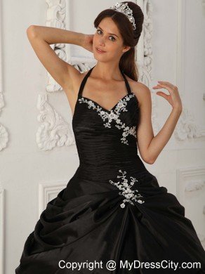 Halter Taffeta Appliques Pick Ups 2013 Black Quinceanera Gowns