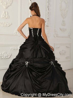 Halter Taffeta Appliques Pick Ups 2013 Black Quinceanera Gowns