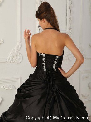 Halter Taffeta Appliques Pick Ups 2013 Black Quinceanera Gowns