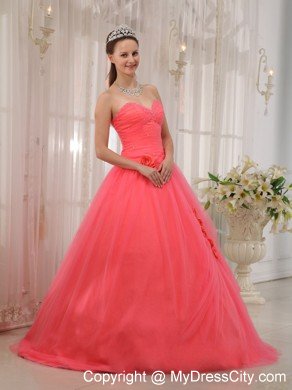 Tulle A-line Princess Flowers Beading Watermelon Quinceanera Dress