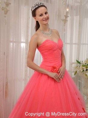 Tulle A-line Princess Flowers Beading Watermelon Quinceanera Dress