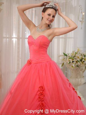 Tulle A-line Princess Flowers Beading Watermelon Quinceanera Dress