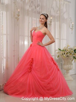 Tulle A-line Princess Flowers Beading Watermelon Quinceanera Dress