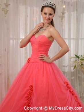 Tulle A-line Princess Flowers Beading Watermelon Quinceanera Dress