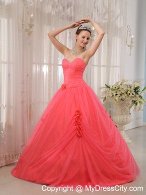 Tulle A-line Princess Flowers Beading Watermelon Quinceanera Dress