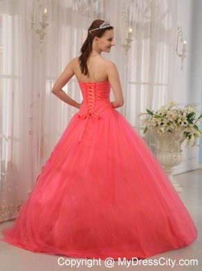 Tulle A-line Princess Flowers Beading Watermelon Quinceanera Dress